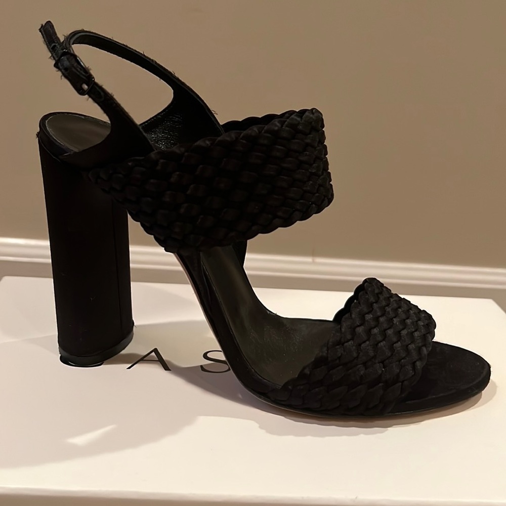 Casadei black satin braided sandals size 39.